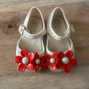 Mini Melissa Cream and Red Dress Shoes with Floral Accents
